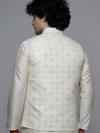 MAAHI FABS WOVEN DESIGN NEHRU JACKET (CREAM)