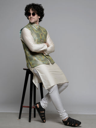 MAAHI FABS WOVEN DESIGN NEHRU JACKET (PISTA)