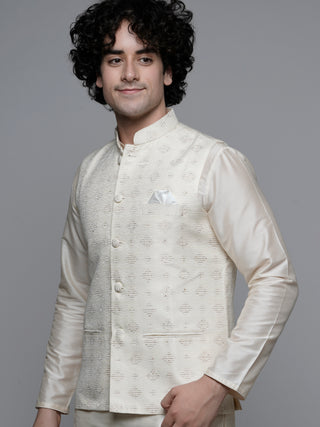 MAAHI FABS WOVEN DESIGN NEHRU JACKET (CREAM)