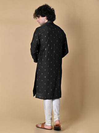 Men's Black Embroidered Mulberry Silk Kurta