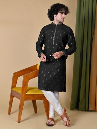 Men's Black Embroidered Mulberry Silk Kurta