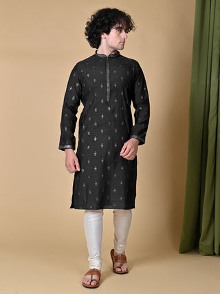 Men's Black Embroidered Mulberry Silk Kurta