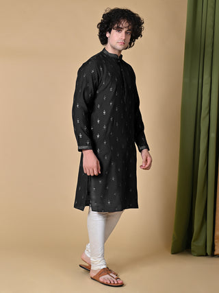 Men's Black Embroidered Mulberry Silk Kurta