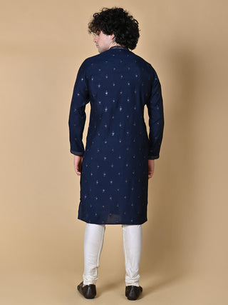 Men's Navy Blue Embroidered Mulberry Silk Kurta