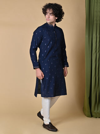 Men's Navy Blue Embroidered Mulberry Silk Kurta