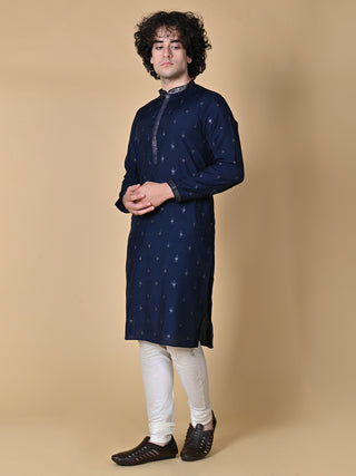 Men's Navy Blue Embroidered Mulberry Silk Kurta