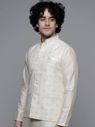 MAAHI FABS WOVEN DESIGN NEHRU JACKET (CREAM)