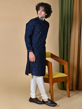 Men's Navy Blue Embroidered Mulberry Silk Kurta