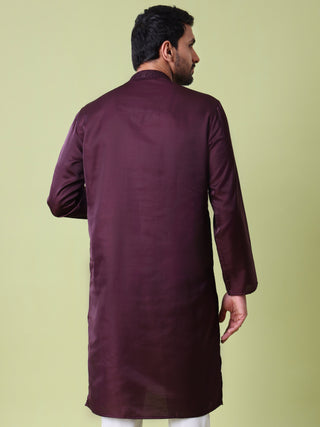 Men's Sequin Embroidered Wine Cotton Silk Kurta