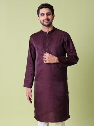 Men's Sequin Embroidered Wine Cotton Silk Kurta