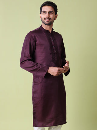 Men's Sequin Embroidered Wine Cotton Silk Kurta