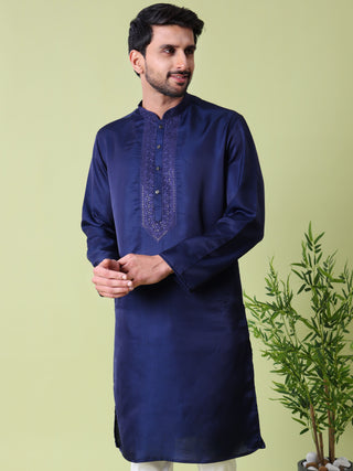 Men's Sequin Embroidered Navy Blue Cotton Silk Kurta
