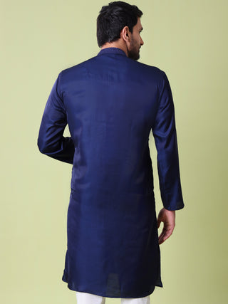 Men's Sequin Embroidered Navy Blue Cotton Silk Kurta