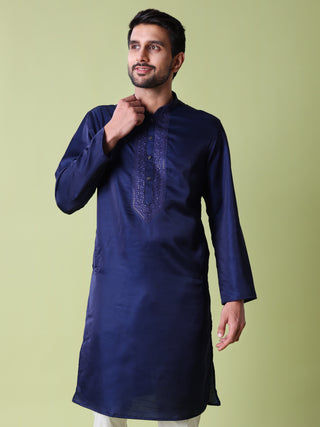 Men's Sequin Embroidered Navy Blue Cotton Silk Kurta