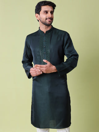 Men's Sequin Embroidered Green Cotton Silk Kurta