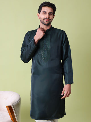 Men's Sequin Embroidered Green Cotton Silk Kurta