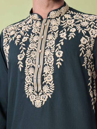 Men's Floral Embroidered Cotton Silk Kurta