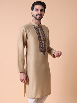 Men's Embroidered Beige Cotton Festive Kurta