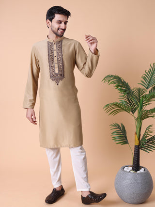 Men's Embroidered Beige Cotton Festive Kurta