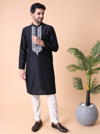 Men's Embroidered Black Cotton Festive Kurta