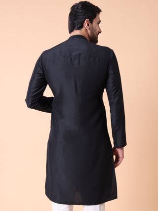 Men's Embroidered Black Cotton Festive Kurta