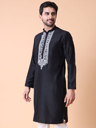 Men's Embroidered Black Cotton Festive Kurta