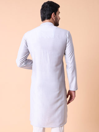 Men's Embroidered Grey Cotton Festive Kurta