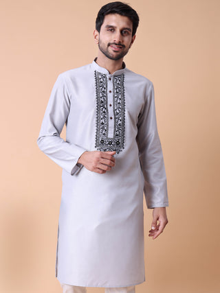 Men's Embroidered Grey Cotton Festive Kurta