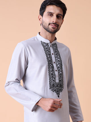 Men's Embroidered Grey Cotton Festive Kurta