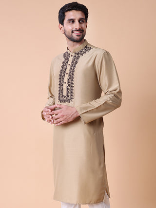 Men's Embroidered Beige Cotton Festive Kurta