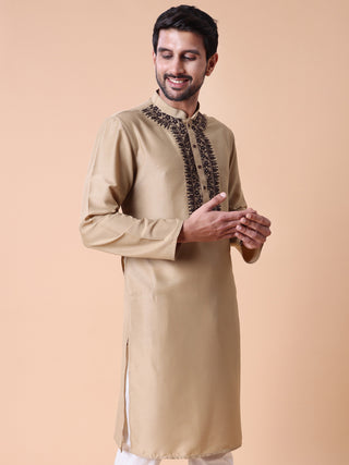 Men's Embroidered Beige Cotton Festive Kurta
