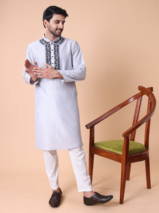 Men's Embroidered Grey Cotton Festive Kurta