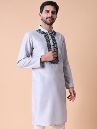 Men's Embroidered Grey Cotton Festive Kurta