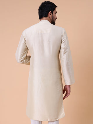 Men's Embroidered Cream Cotton Silk Kurta