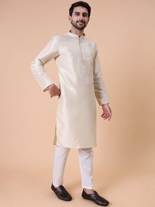 Men's Embroidered Cream Cotton Silk Kurta