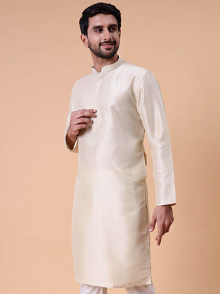 Men's Embroidered Cream Cotton Silk Kurta