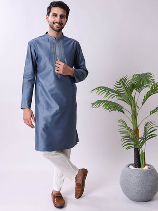 Men’s Steel Blue Embroidered Kurta MAAHI FABS