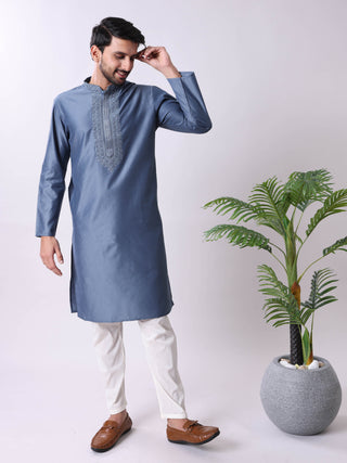 Men’s Steel Blue Embroidered Kurta MAAHI FABS