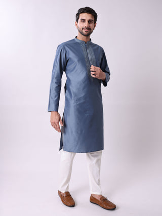 Men’s Steel Blue Embroidered Kurta MAAHI FABS