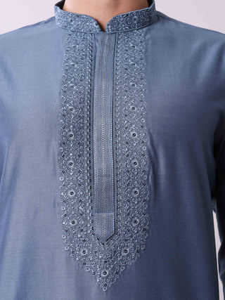 Men’s Steel Blue Embroidered Kurta MAAHI FABS