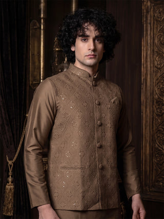 Men's Brown Embroidered Kurta & Jacket Set MAAHI FABS