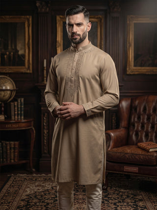 Men's Beige Cotton Embroidered Kurta MAAHI FABS