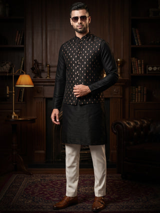 Men's Printed Navy Blue Kurta & Jacket Set MAAHI FABS