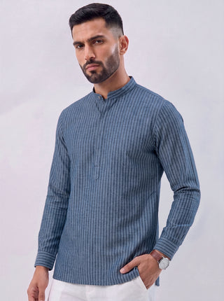 Men’s Navy Blue Printed Cotton Short Kurta MAAHI FABS
