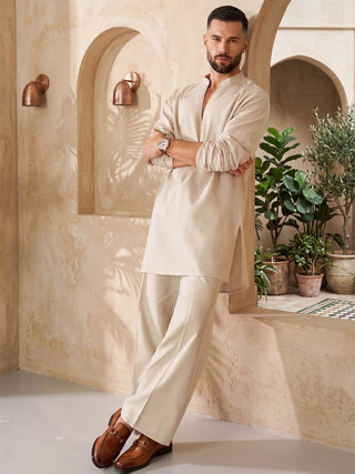 Mens Solid V-slit neckline Cream Kurta with Bootcut Pan MAAHI FABS
