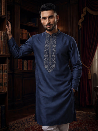 Mens Embroidered Cotton Silk Navy Blue Kurta MAAHI FABS