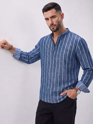 Men’s Navy Blue Cotton Striped Short Kurta MAAHI FABS