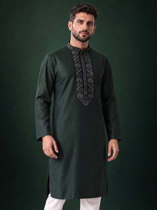 Mens Embroidered Cotton Silk Green Kurta MAAHI FABS