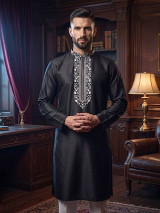 Mens Embroidered Cotton Silk Black Kurta MAAHI FABS