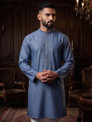 Men’s Steel Blue Embroidered Kurta MAAHI FABS
